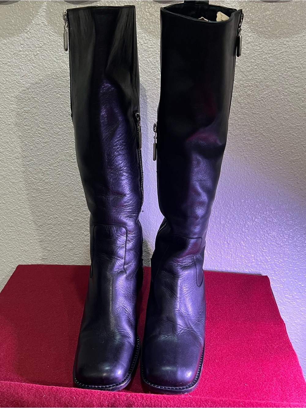 Kenneth Cole Vintage 90’s Black Leather Knee High Block Heel  Square Toe ZipBoot